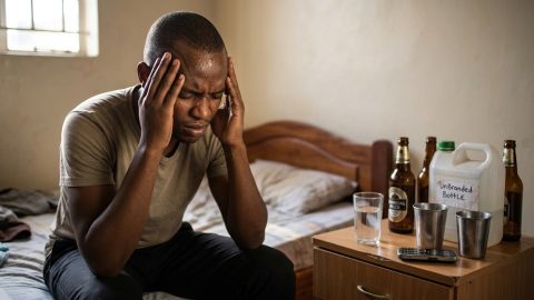 A young man grips his head in extreme distress, sitting on his bed surrounded by commercial beer bottles and an unbranded container.