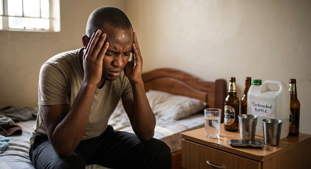 A young man grips his head in extreme distress, sitting on his bed surrounded by commercial beer bottles and an unbranded container.