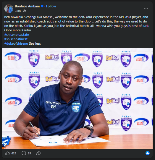 Statement of Bonface Ambani on the arrival of Bernard Mwalala at AFC Leopards. PHOTO/Screengrab by K24 Digital/https://www.facebook.com/BonfaceAmbaniKenya