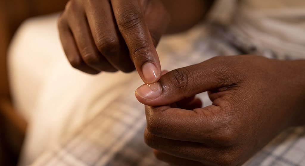A dark-skinned finger applying a glistening drop of natural oil to a dry cuticle.
