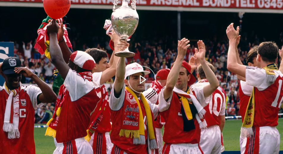 Arsenal players celebrate their 6-1 win over Coventry City in 1991. PHOTO/Screengrab by K24 Digital/https://www.arsenal.com