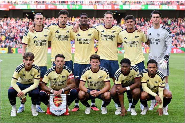 Arsenal players line up before their pre-season action against Real Betis on Wednesday, August 5, 2026 in Dublin, Ireland. PHOTO/https://www.arsenal.com