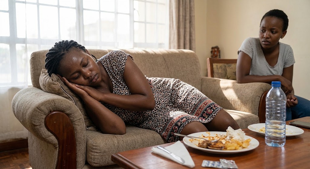 A woman lies deeply and worryingly asleep, appearing unwell on a living room couch while a friend watches with mounting concern, highlighting the danger of ignoring severe symptoms.