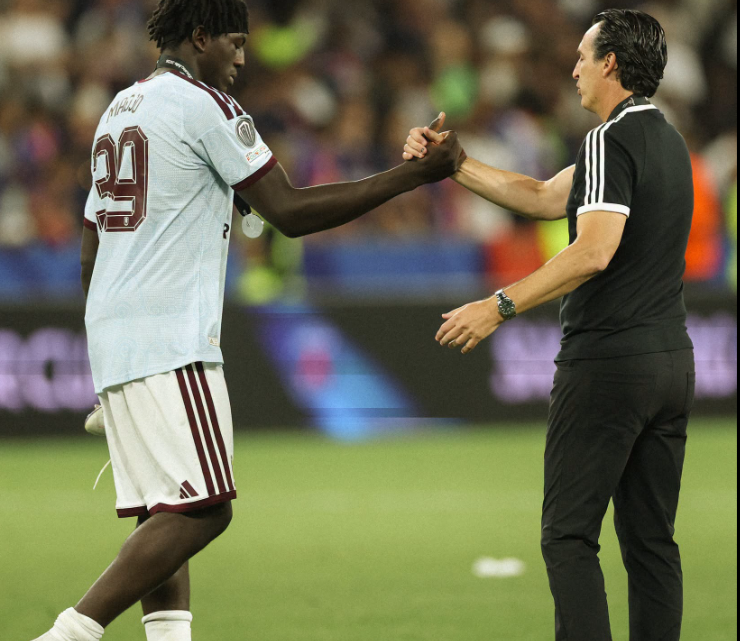 Aston Villa teenager Brian Madjo and manager Unai Emery after the Super Cup final Defeat to PSG on Wednesday, August 12, 2026. PHOTO/https://www.facebook.com/astonvilla