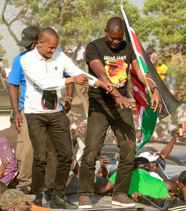 Edwin Sifuna and Babu Owino dancing during past Linda Mwananchi rally. PHOTO/@LindaMwananchi_/X