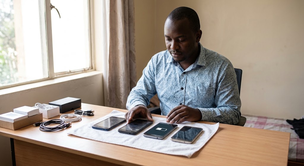 A man methodically organises multiple backup phones on a desk.