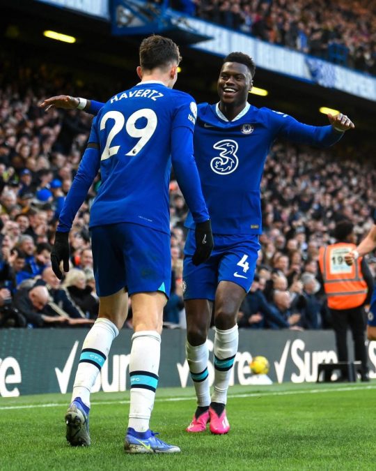 Chelsea defender Benoit Badiashile celebrates a goal with Kai Havert previously. PHOTO/https://www.facebook.com/BenoitBadiashileOfficiel/photos