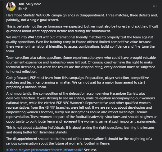 Statement of Sally Bolo on the Harambee Starlets WAFCON flop. PHOTO/Screengrab by K24 Digital/https://www.facebook.com/Salbolom