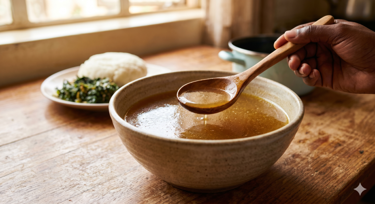 A rich, golden bowl of bone broth served alongside ugali and sukuma wiki.