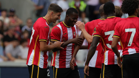Brentford players celebrating one of their goals in a pre-season friendly recently. PHOTO/https://www.facebook.com/brentfordfootballclub1889/photos