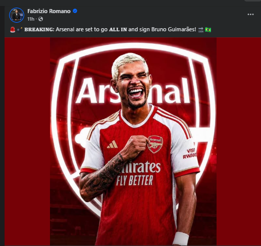 Fabrizio Romano's update on Bruno Guimaraes' move to Arsenal. PHOTO/Screengrab by K24 Digital/https://www.facebook.com/fabrizioromanoherewego
