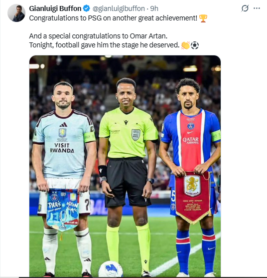 Somali referee Gianluigi Buffon during the PSG vs Aston Villa 2026 UEFA Super Cup final on Wednesday, August 12, 2026. PHOTO/Screengrab by K24 Digital/@gianluigibuffon/X
