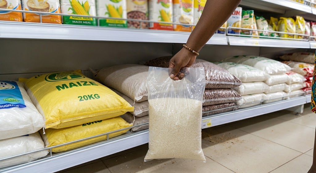 A shopper's hand reaches down to find unbranded 5kg bulk bags of rice and maize.
