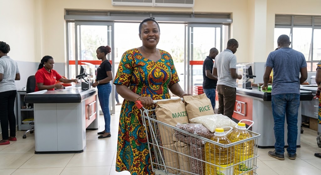 A shopper smiles warmly at the camera as she leaves a supermarket with a trolley full of bulky, economical bottom-shelf items.