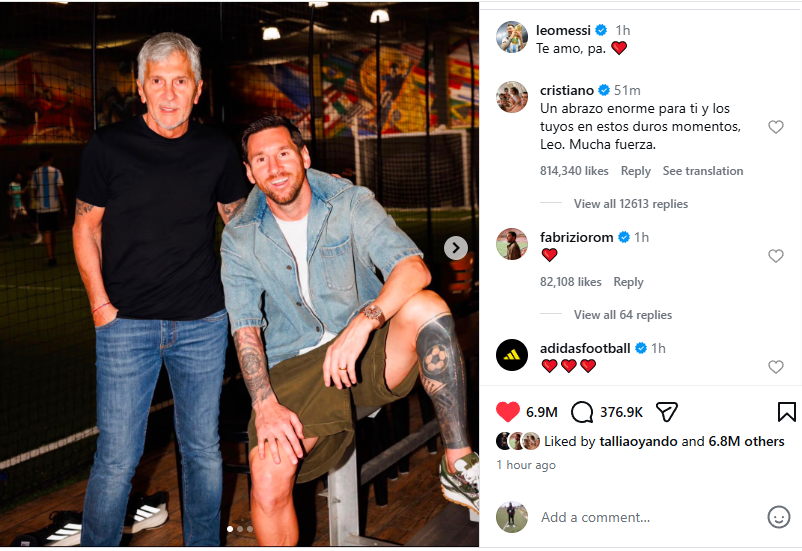 Christiano Ronaldo's reply to Lionel Messi's grieving post on Instagram. PHOTO/Screengrab by K24 Digital/https://www.instagram.com/p/Db8MYnQjYsC/?utm_source=ig_web_copy_link&igsh=MzRlODBiNWFlZA%3D%3D