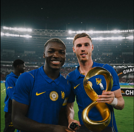 Moises Caicedo and Cole Palmer pose after Chelsea beat AC Milan 3-0 to win the Indonesian Super Cup on Saturday, August 8, 2026. PHOTO/https://www.facebook.com/ChelseaFC