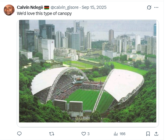 Calvin Gisore's proposal on Nyayo Stadium's canopy type. PHOTO/Screengrab by K24 Digital/@calvin_gisore/X