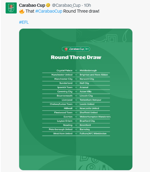 The Carabao Cup Round Three draw. PHOTO/Screengrab by K24 Digital/@Carabao_Cup/X