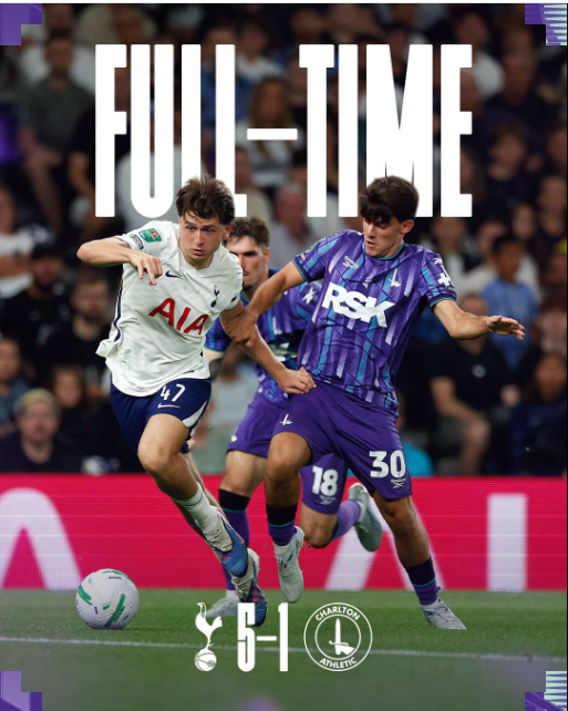 Tottenham Hotspur thrashed Charlton Athletic 5-1 in the Carabao Cup on Wednesday, August 26, 2026. PHOTO/https://www.facebook.com/OfficialCAFC/photos 