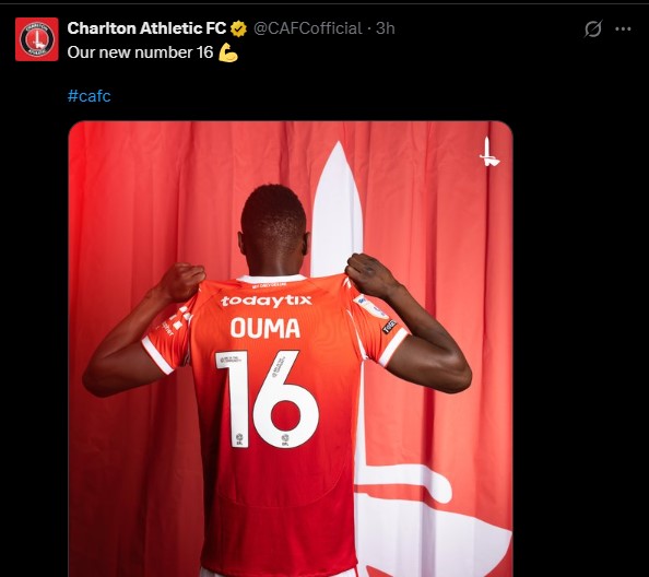 Charlton Athletic reevaling Timothy Ouma squad number on Monday, August 10, 2026. PHOTO/Screengrab by K24 Digital/@CAFCofficial/X