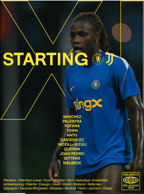 Chelsea lineup against Juventus on Wednesday, August 5, 2026. PHOTO/https://www.facebook.com/ChelseaFC