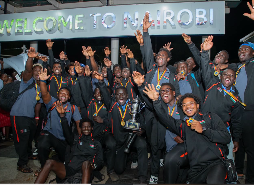 Chipu celebrate with their trophy at the Jomo Kenyatta International Airport on Thursaday, August 13 after their triumph in the Africa U20 Barthens Cup. PHOTO/https://www.facebook.com/officialKRU