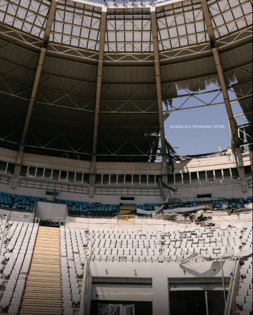 A damaged section of Chornomorets Stadium by Russin strike in Odesa, Ukraine. PHOTO/https://www.facebook.com/UkraineUA.MFA