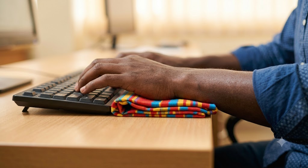A woman types comfortably while softly supported by a colorful, folded kikoy cloth used as a low-cost wrist rest.