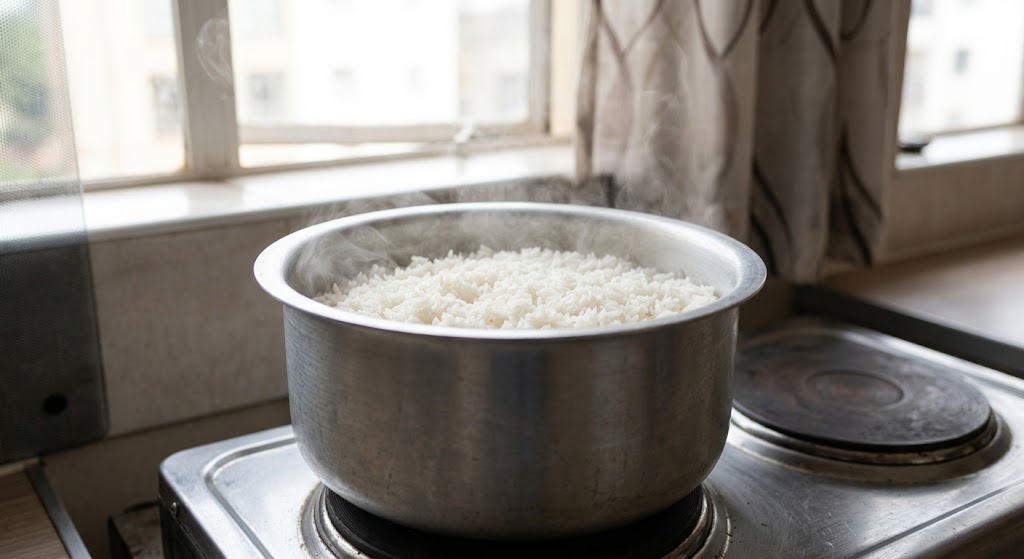 Steam rises from a recently cooked pot of rice on a simple electric coil burner.