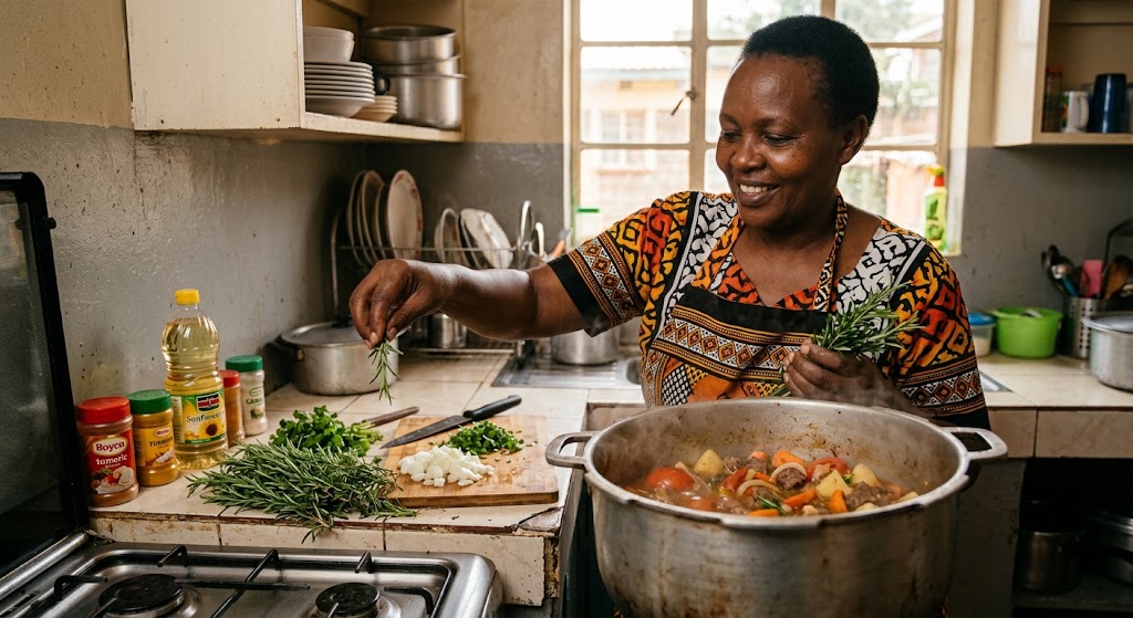 A woman uses rosemary in cooking.