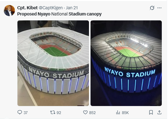 The proposed outlook of Nyayo Stadium canopy. PHOTO/Screengrab by K24 Digital/@CaptKigen/X