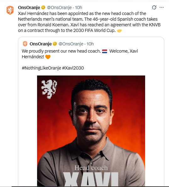 Xavi was confirmed on Wednesday, August 12, 2026 as the new Netherlands head coach by the Dutch FA. PHOTO/Screengrab by K24 Digital/@OnsOranje