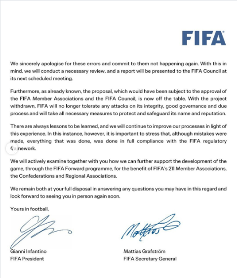 FIFA statement to member associations on the controversial commercial rights. PHOTO/https://www.fifa.com