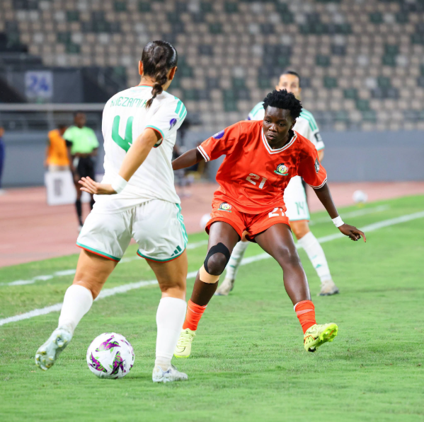 Harambee Starlets forward Fasila Odhiambo in action against Algeria in Group A of WAFCON 2026 on Monday, August 3, 2026. PHOTO/https://www.facebook.com/HarambeeStarlets