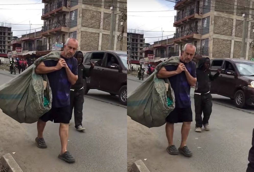 Corey Hanson, the American man who has been trending after videos of him carrying a huge garbage sack in Utawala. PHOTOS/@kibii/TikTok.