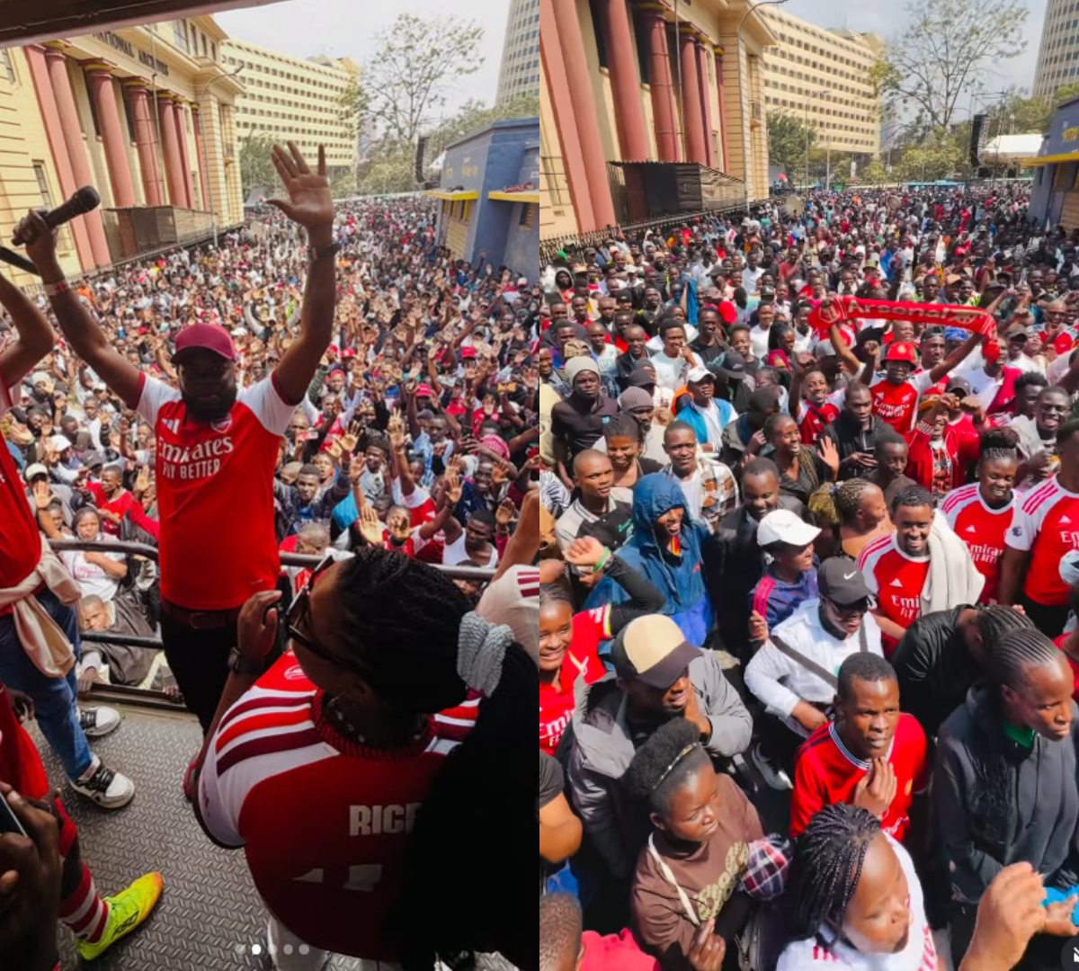 Nicki Bigfish rallies huge Arsenal army in Nairobi CBD ahead of Nyayo clash with Man U fans