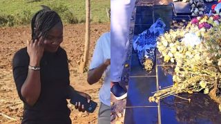 Tony Ndiema’s widow Florence poses next to his grave in emotional video days after his burial