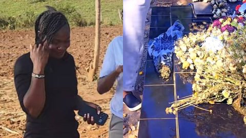 Tony Ndiema’s widow Florence poses next to his grave in emotional video days after his burial