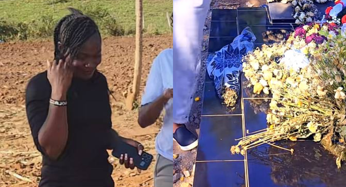 Tony Ndiema’s widow Florence poses next to his grave in emotional video days after his burial