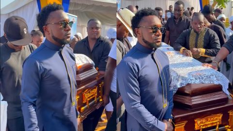 Bolo Bespoke emotional as he poses next to casket of best friend Austin Waziri’s grandpa