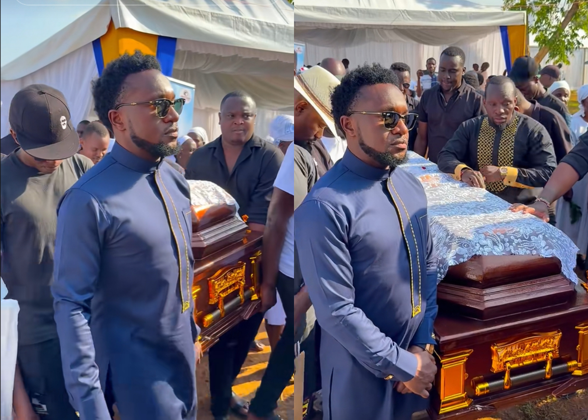 Bolo Bespoke emotional as he poses next to casket of best friend Austin Waziri’s grandpa