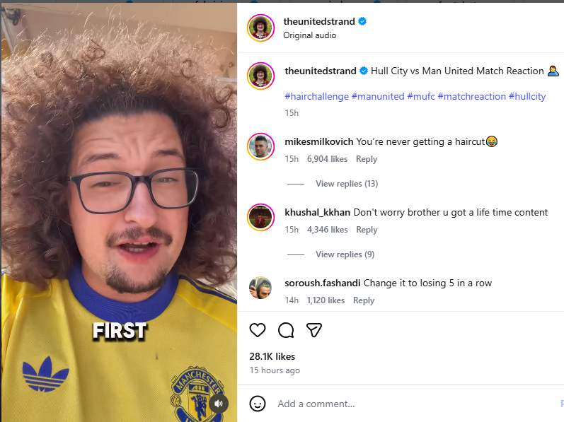 Manchester United's haircut challenge fan Frank Illet. PHOTO/Screengrab by K24 Digital/https://www.instagram.com/theunitedstrand/
