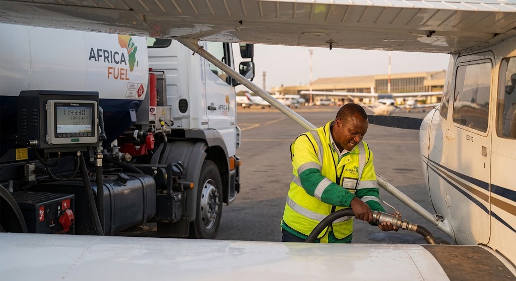 A ground crew with a fuel truck refuel a light plane, emphasizing operational expenses.