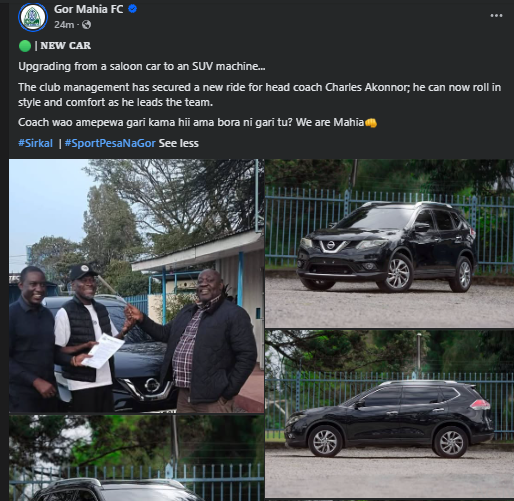 Gor Mahia's statement after upgrading head coach Charles Akonnor's official car. PHOTO/Screengrab by K24 Digital/https://www.facebook.com/GorMahiafcofficial