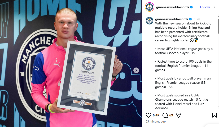 Erling Haaland presented with the Guinness World Records certificate. PHOTO/https://www.instagram.com/p/Db-UwZLl7t1/?igsh=emxsajN2eWFna3lm