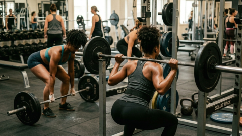 Women doing squats exercise in an indoor gym.