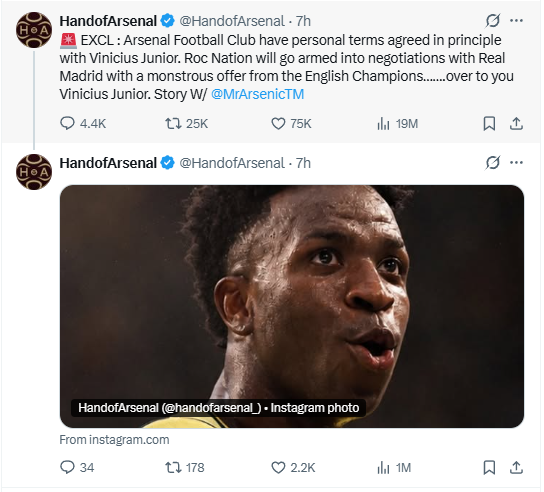 Statement on Vinicius Jr situation by Arsenal-focused X account Hand of Arsenal. PHOTO/Screengrab by K24 Digital/X