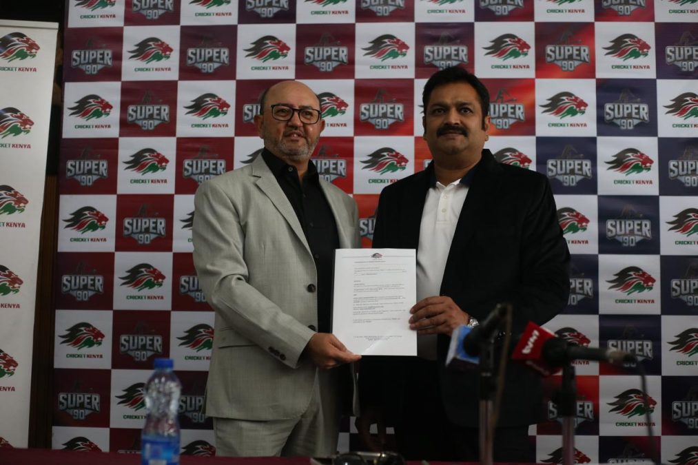 Cricket Kenya chairman Bhavesh H Gohil (Left) poses with ‎Super 90 Managing Director Jitendra Singh Gau after signing an MOU on Friday, August 21, 2026 at the Ruaraka Sports Club. PHOTO/Cricket Kenya