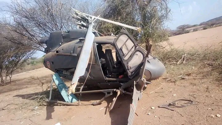 A Kenya Air Force chopper that crashed in Chemolingot Tiaty, Baringo County, injuring four persons.