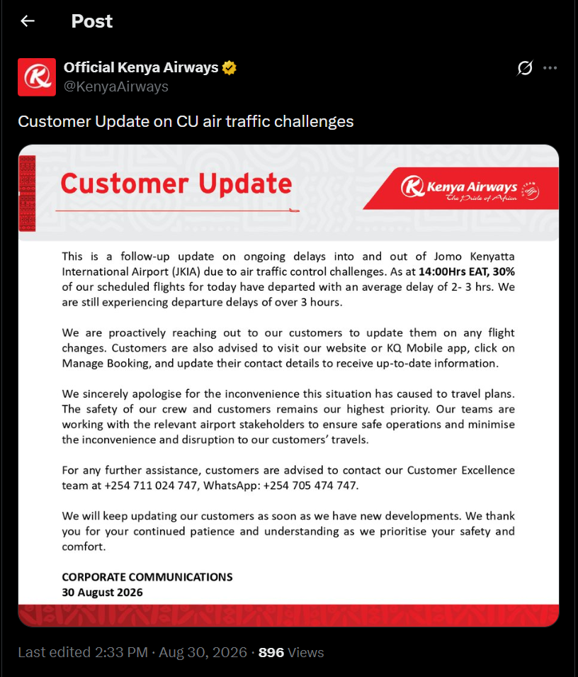 Post by Kenya Airways. PHOTO/Screengrab by K24 Digital from X/@KenyaAirways